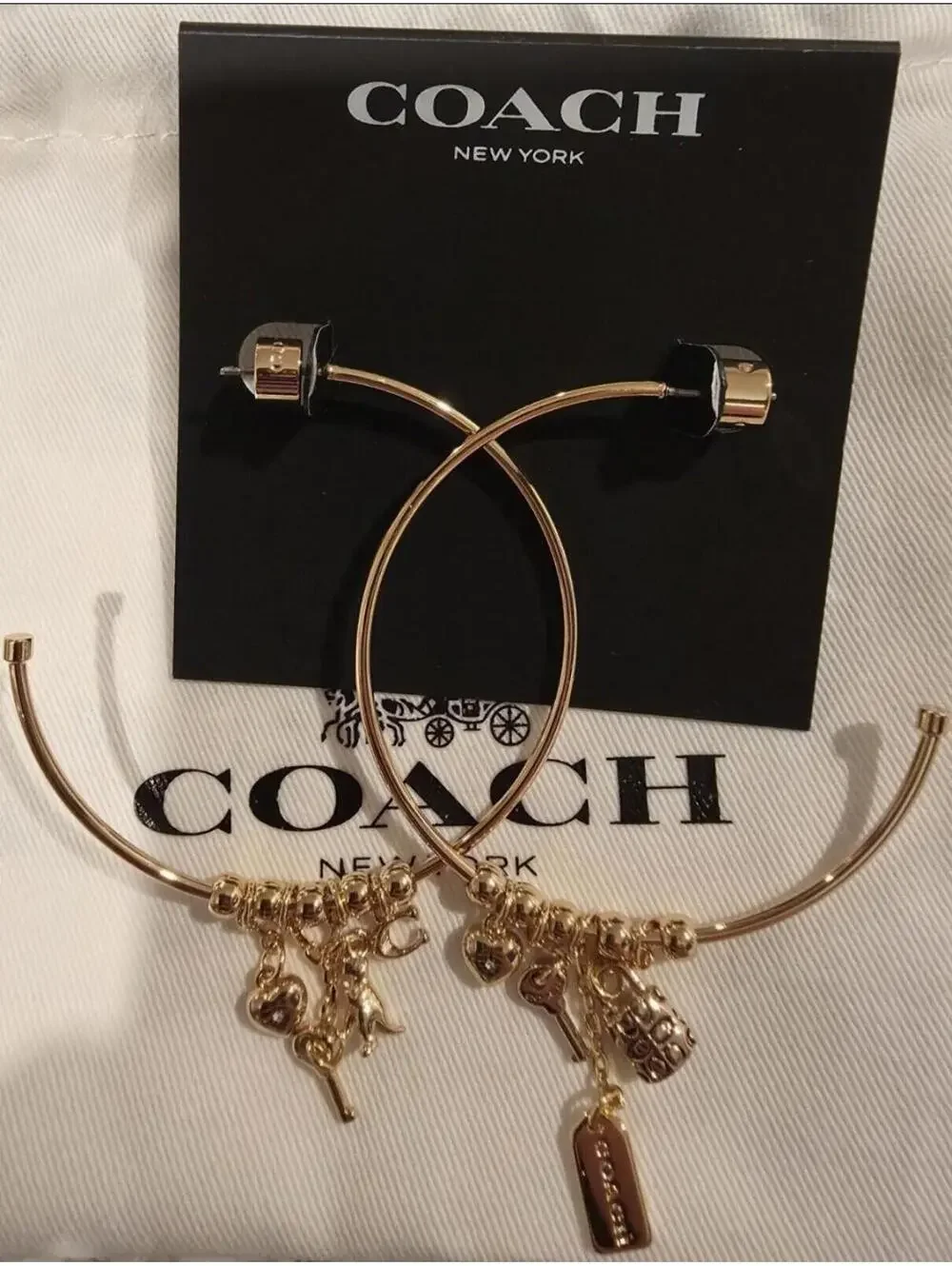 Coach Dangle Multi Charm Large Hoop Gold Tone NWT Authentic 127 MSRP - Picture 1 of 5